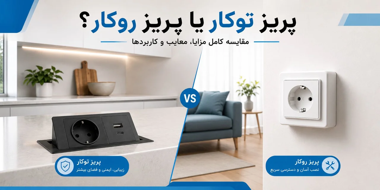 پریز توکار یا پریز روکار؟ مقایسه کامل مزایا، معایب و بهترین انتخاب برای خانه و محل کار
