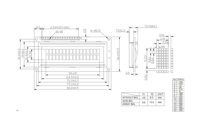 ابعاد مکانیکی و نقشه فنی LCD کاراکتری 16×2 مدل 1602A